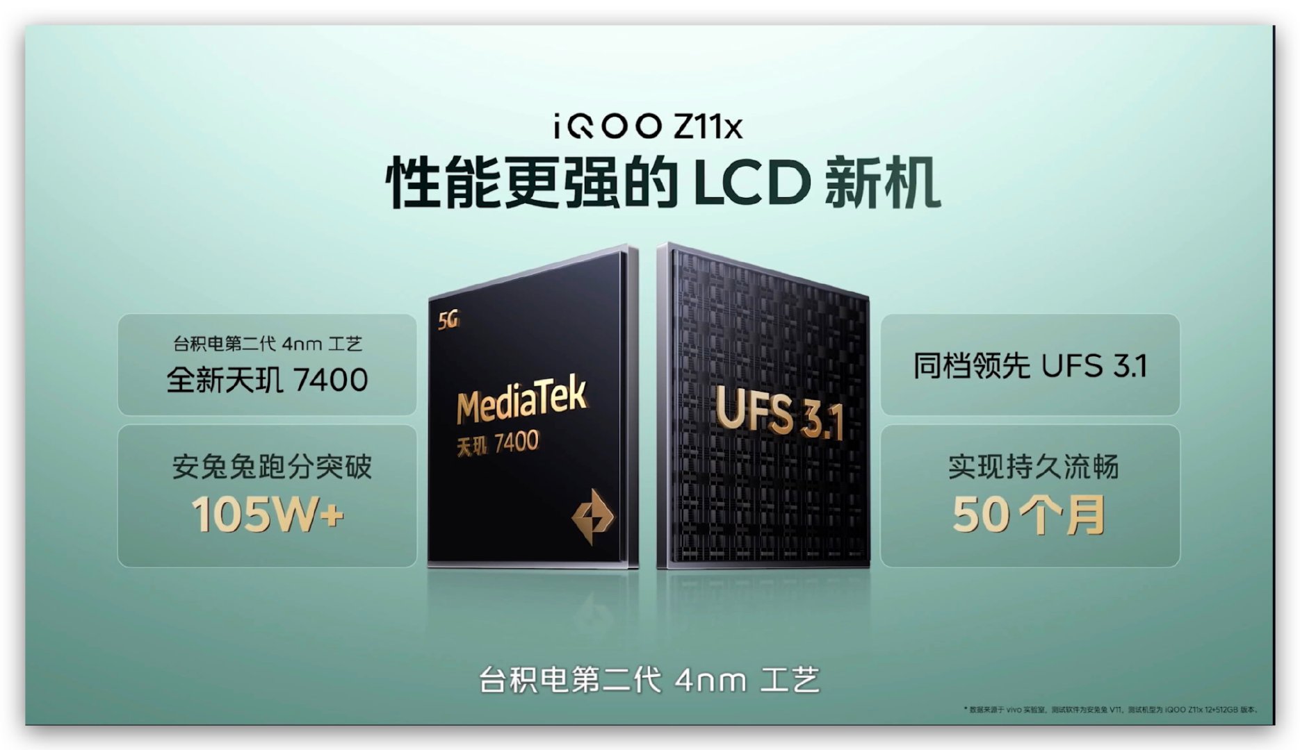 iQOO Z11x 搭载天玑7400，UFS3.1，安兔兔105W+，7200m