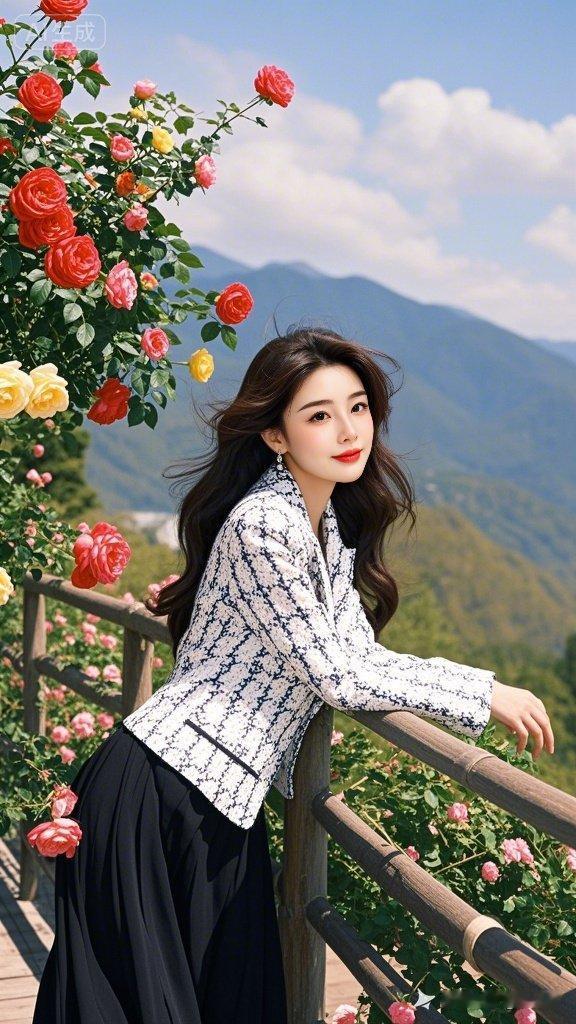 30岁褐黑中长发贵妇人，白兰休闲小西装配藏黑长裙，侧身偎栈道栏杆，笑靥灿烂。红粉