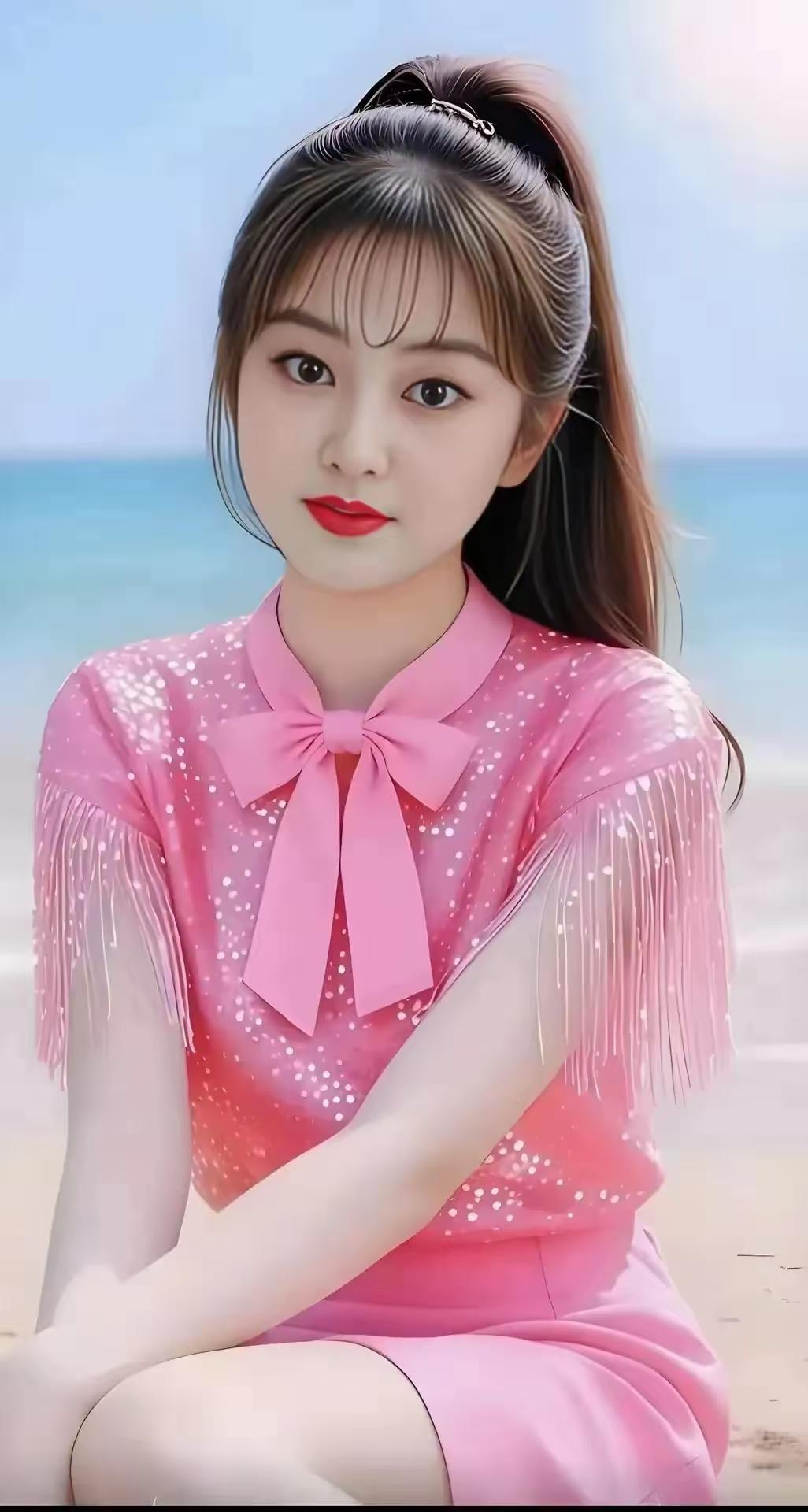 坐在沙滩上，穿着粉裙的你，笑颜如花，仿佛整个世界都为你而闪亮。
