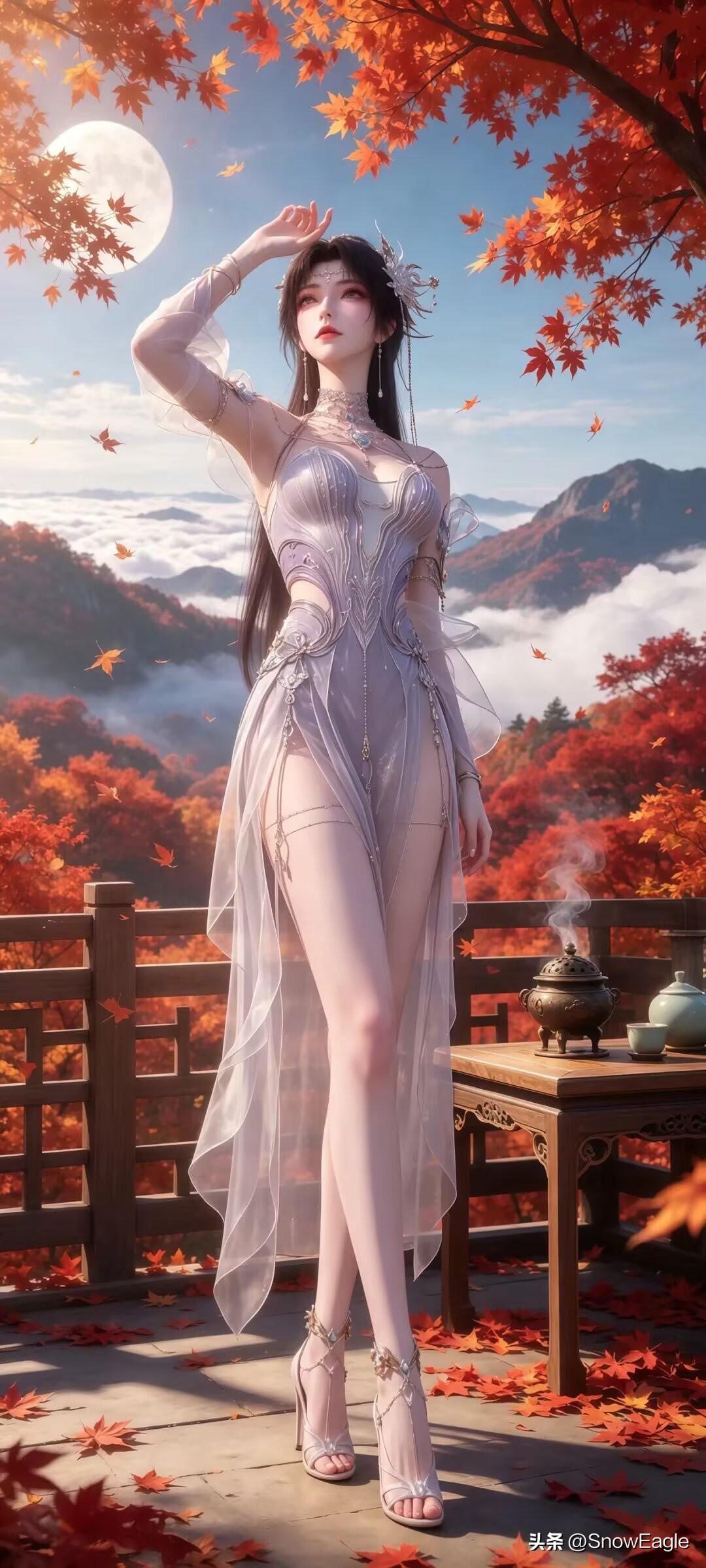 秋日仙境中的古风美人，云海与枫叶相映成趣。