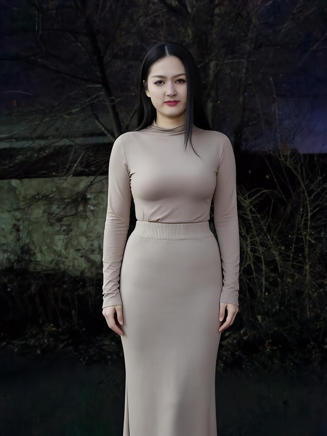 夜色如绸笼远村，美人独立对黄昏。
眉含远岫春山翠，眼漾秋波寒水痕。
素袂临风轻若