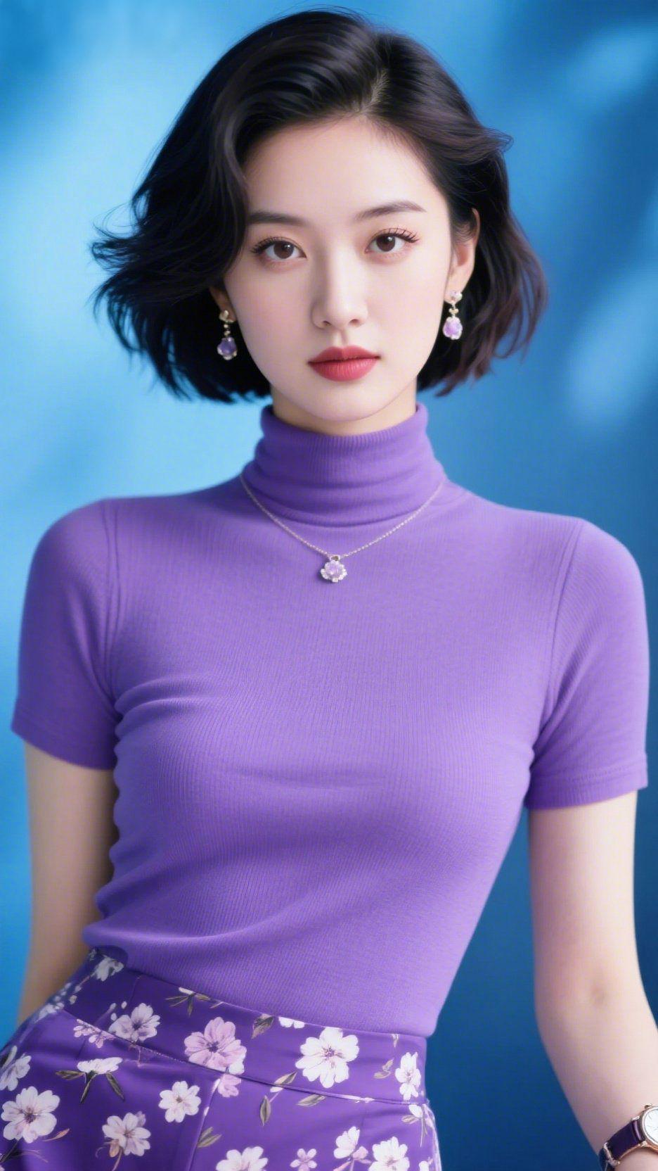 《紫衫栖柔蓝》
 
浅紫衣料衬着舒展的肩线，像把春藤的软意织进针脚，裙间花影沾着