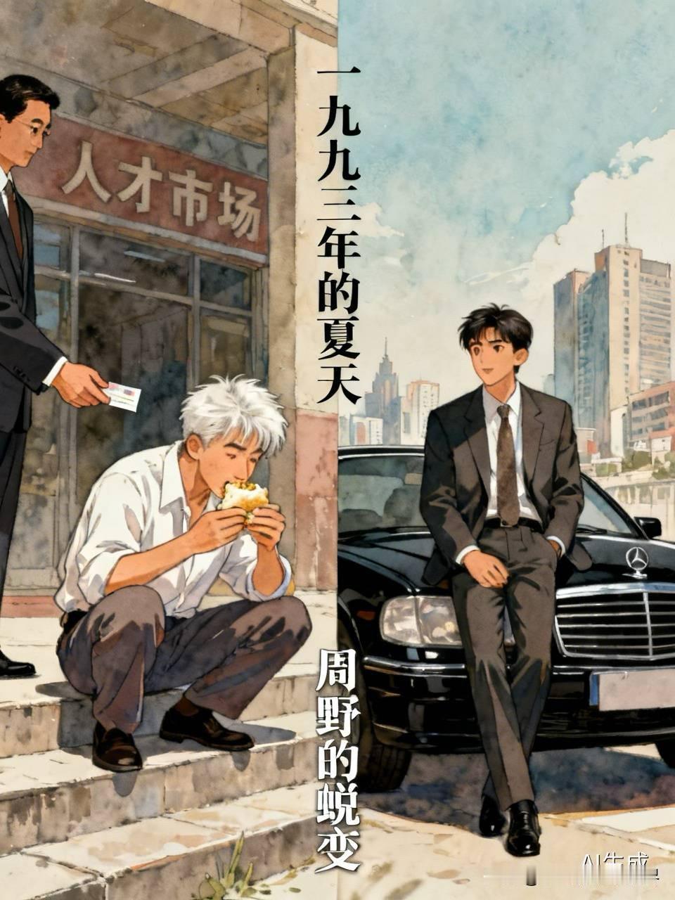 一九九三年的夏天，周野穿着洗得发白的衬衫，蹲在人才市场的台阶上啃馒头。旁边西装革