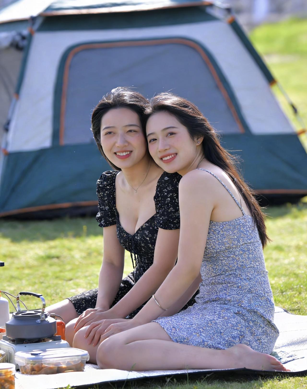 阳光漫过青草地，帐篷旁的野餐垫上，姐妹俩并肩而坐，风拂长发，茶烟轻绕，把松弛又治