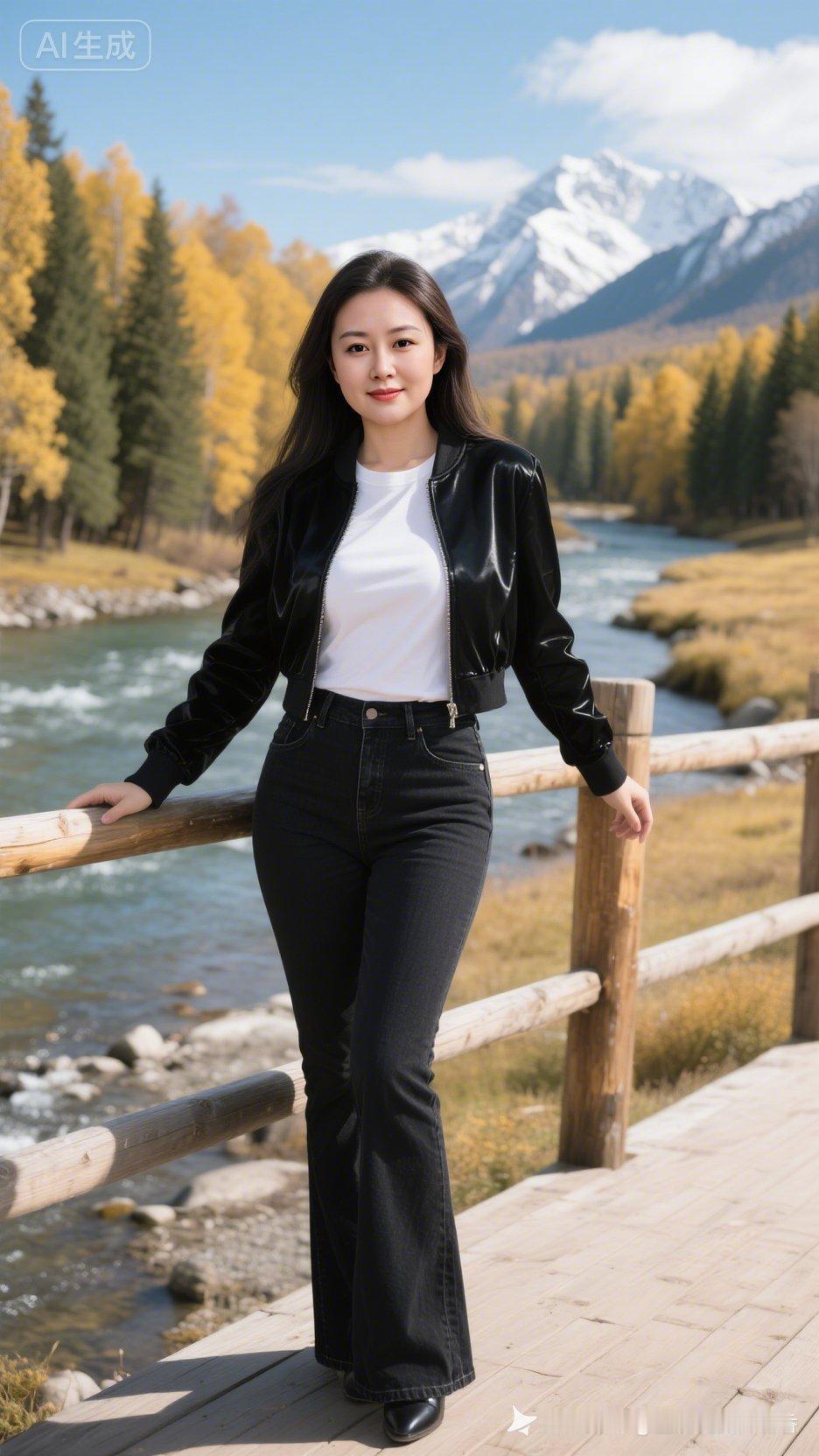 秋日山野漫步，黑皮夹克与牛仔裤的时尚搭配，尽显自然与潮流的完美融合。🍂👗👖