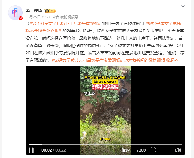 男子打晕妻子后扔下十几米悬崖致死 2024年12月24日陕西女子苗苗被丈夫家暴打