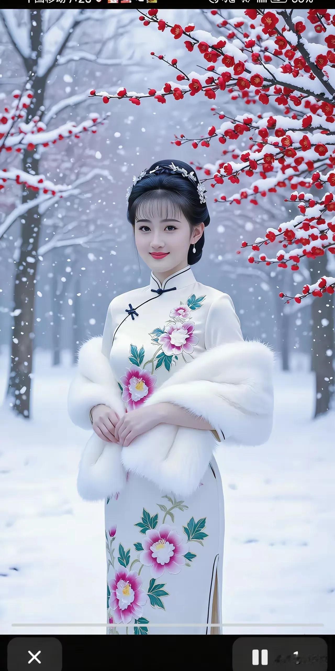 上联：雪吻梅花醉
下联：相依盈暗香