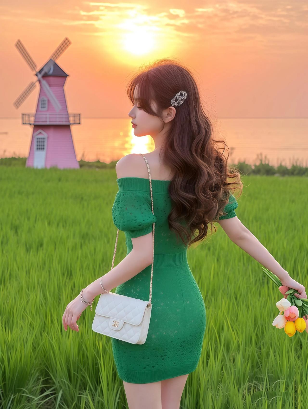 夕阳下的少女与风车