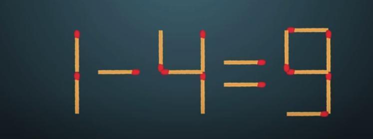图中是用火柴棒摆成的算式 “1 - 4 = 9”，显然不符合数学逻辑。现在有个有