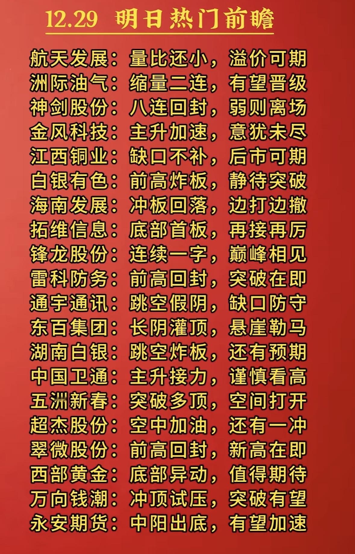 12.29 明日热门前瞻：股票投资指南，把握机会！

明日热门前瞻：航天溢价，洲