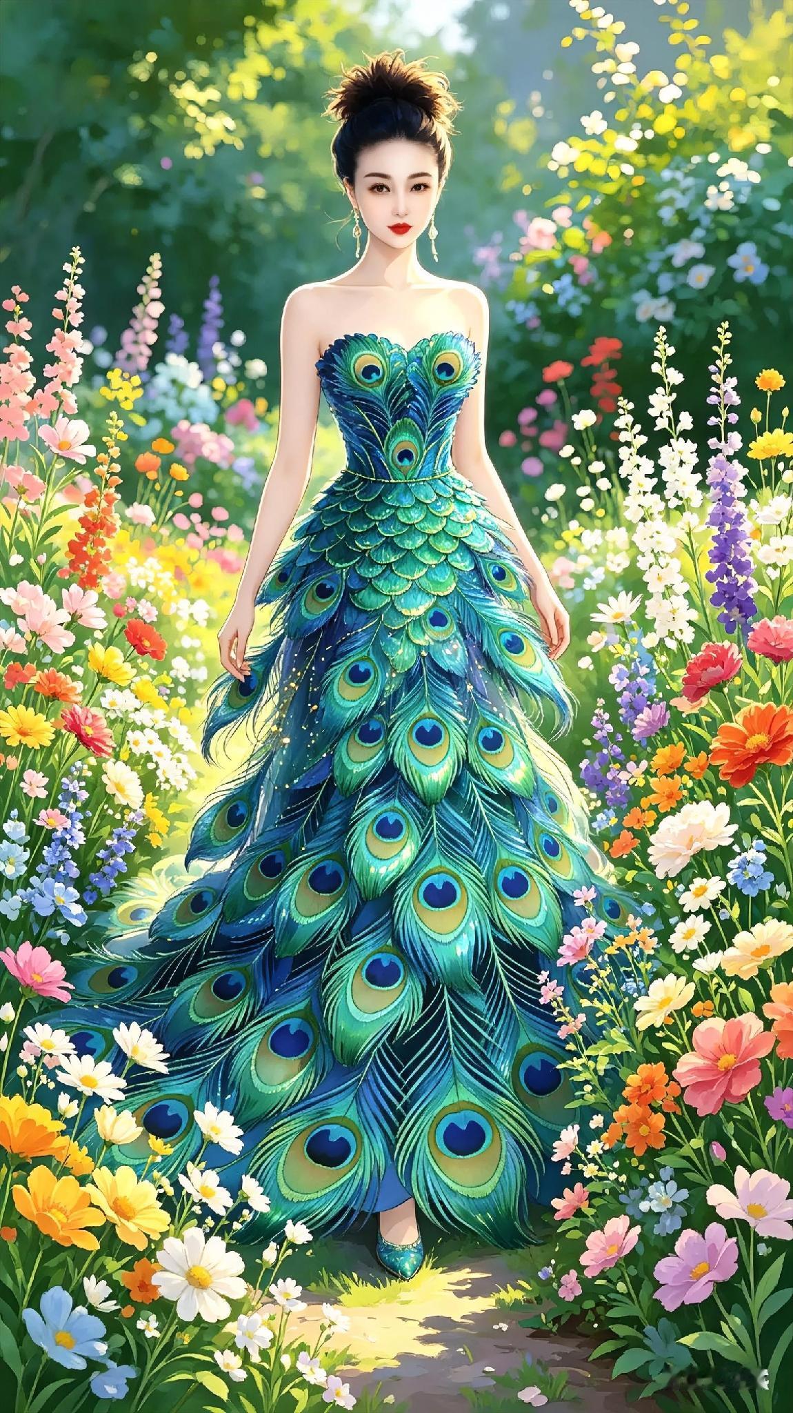 夸张的艺术手法，羽毛长裙衬托出美女的高贵、华丽、气质女人，花丛鲜艳夺目，以美女为