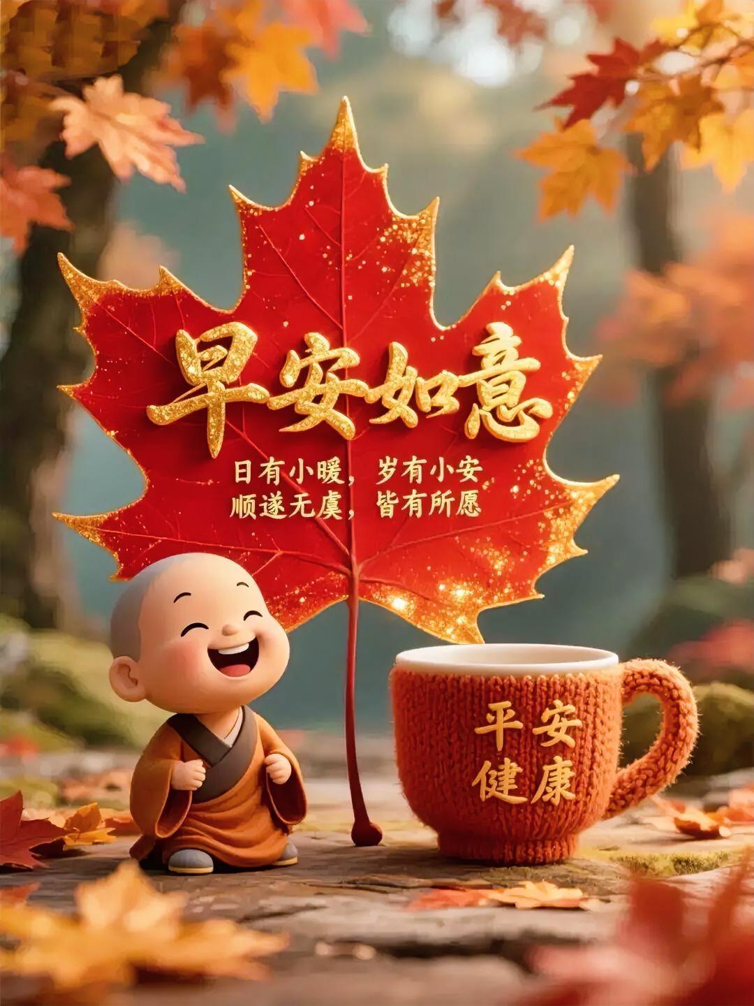 小僧笑迎晨光，枫叶送安康，愿你岁岁皆如意，平安健康每一天！
