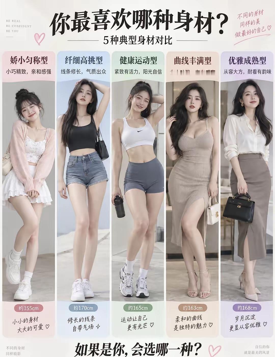 全网吵翻！这5种身材，到底哪种最吃香？👀

娇小可爱、高挑气质、阳光运动、丰满