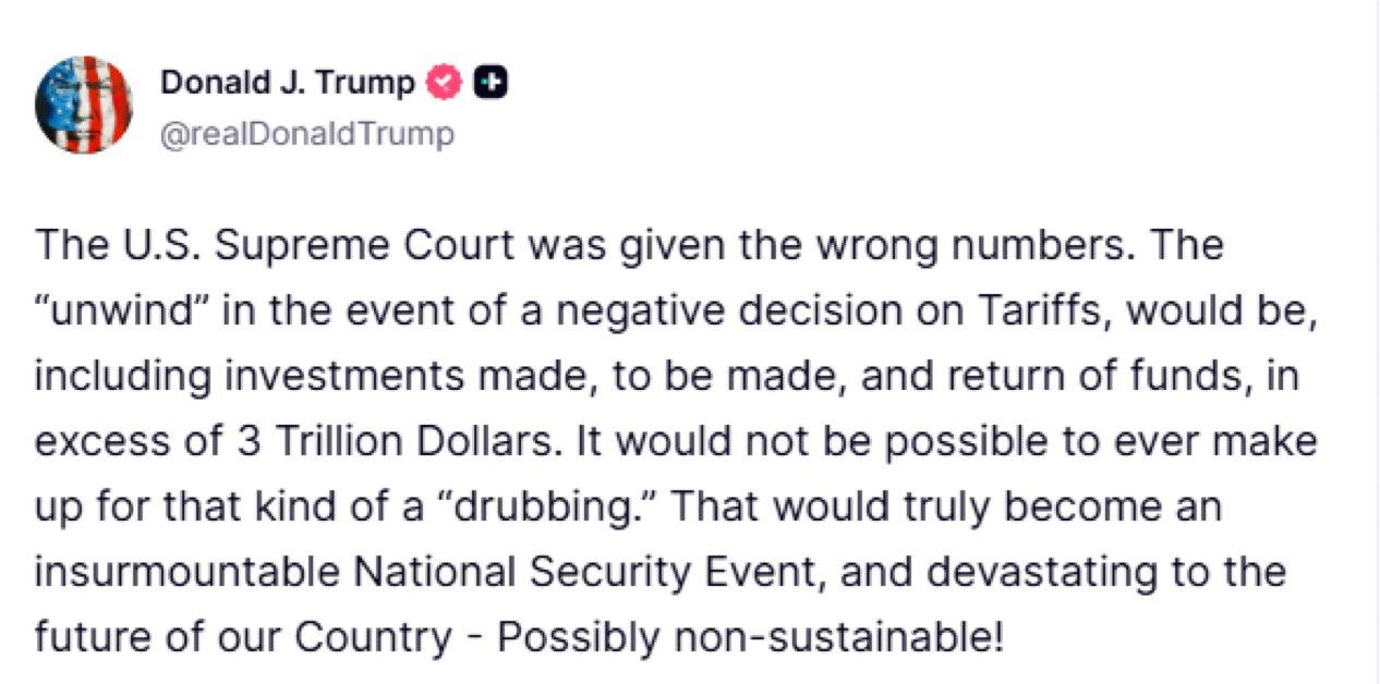 “美国最高法院得到了错误的数据。若关税相关裁决不利，后续的‘善后’（包括已完成、