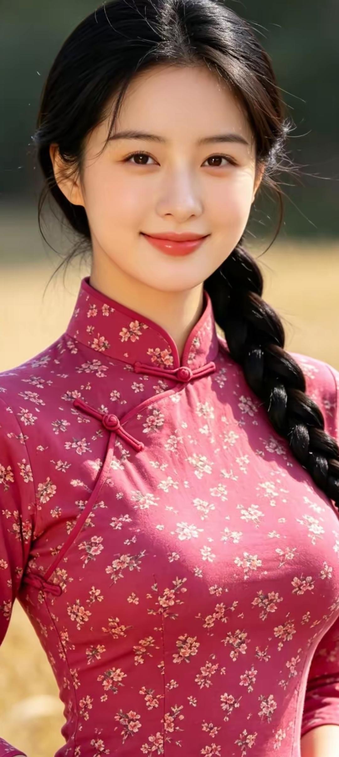 甜美少女风，粉色花旗袍，优雅气质，阳光下的微笑