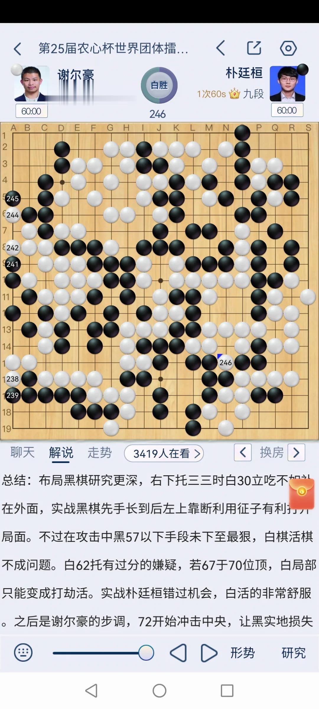 第25届农心杯三国围棋擂台赛第二阶段第三局，朴廷桓负谢尔豪。
连胜根本停不下来啊