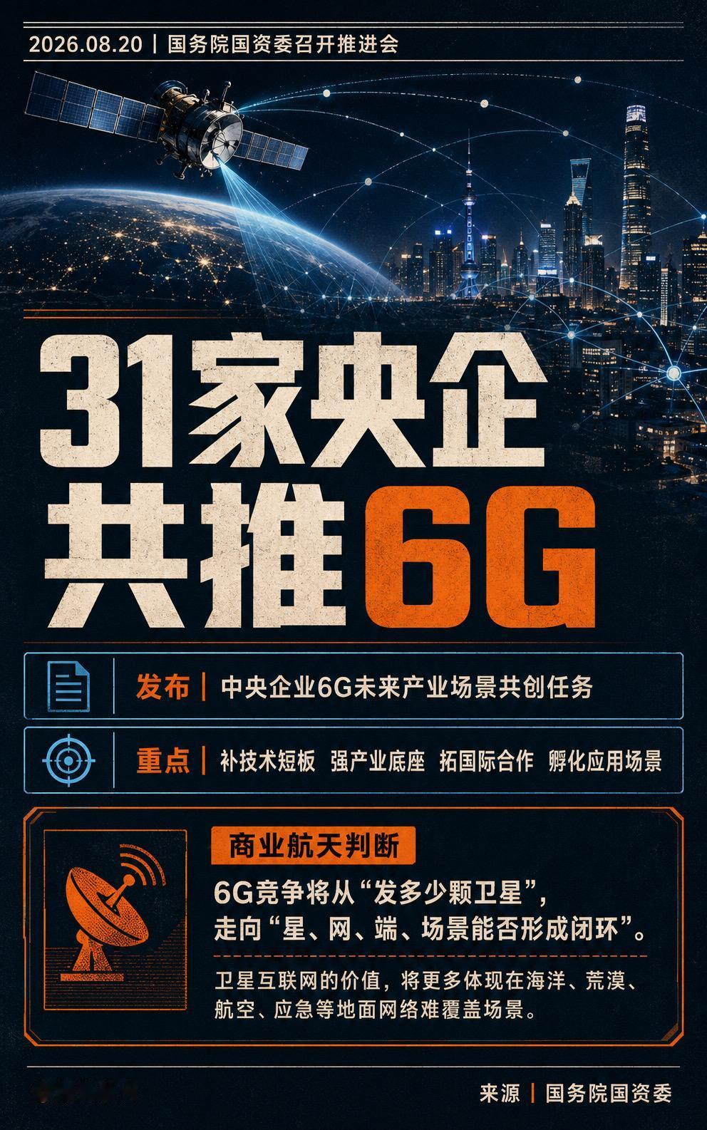 2026年8月20日，国务院国资委召开中央企业6G推进会，31家央企参会，发布场