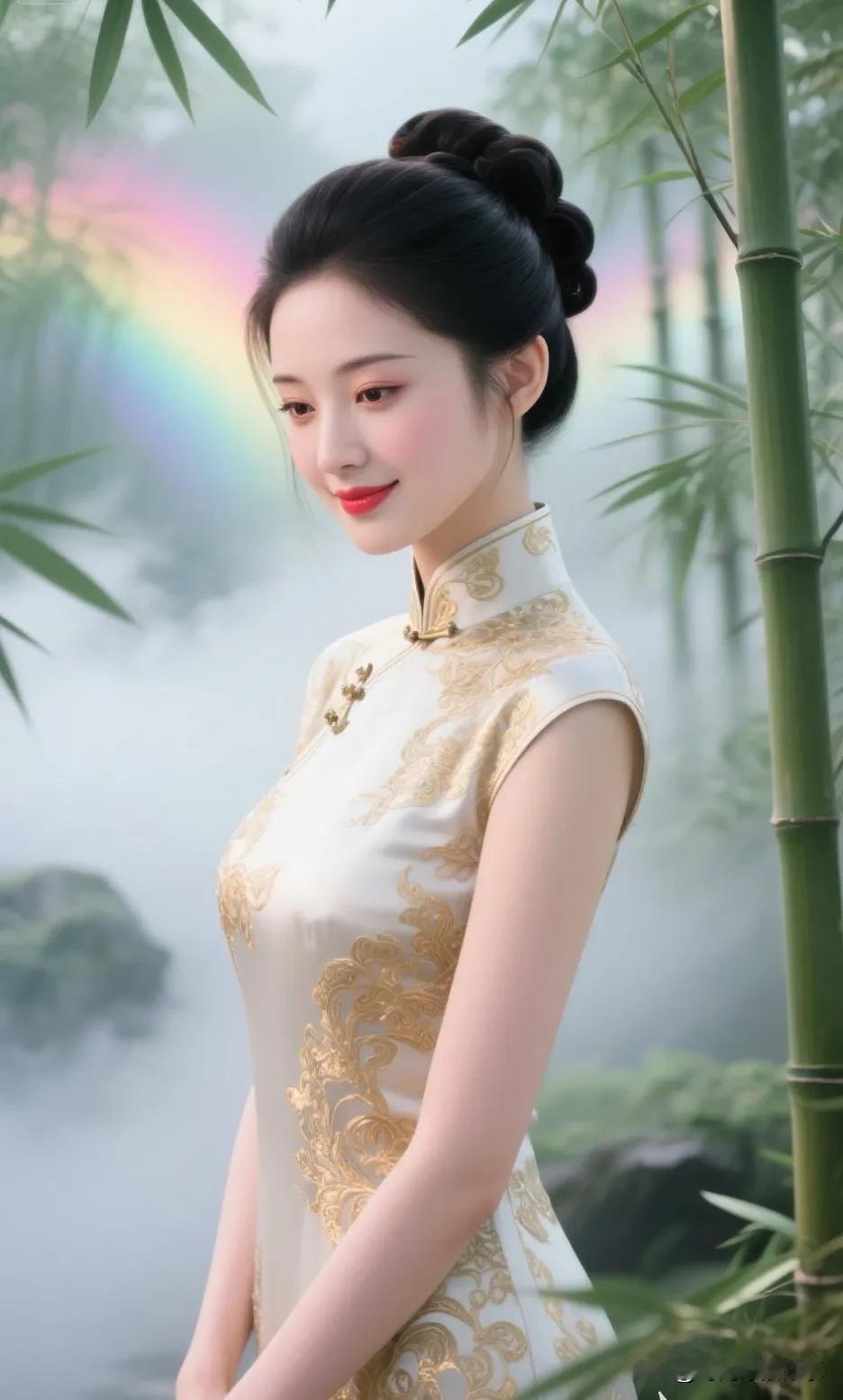 背景为竹林、薄雾与彩虹，朦胧而富有诗意。美女穿着米白绣金旗袍，盘发显得典雅，妆容