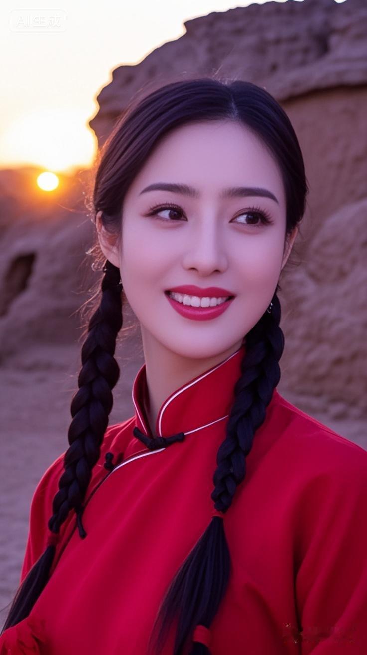 夕阳下的红衣少女，微笑如春风，古风韵味十足。