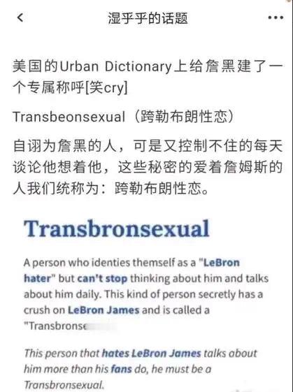 美国的Urban Dictionary上给詹黑建了一个专属称呼：Transbeo