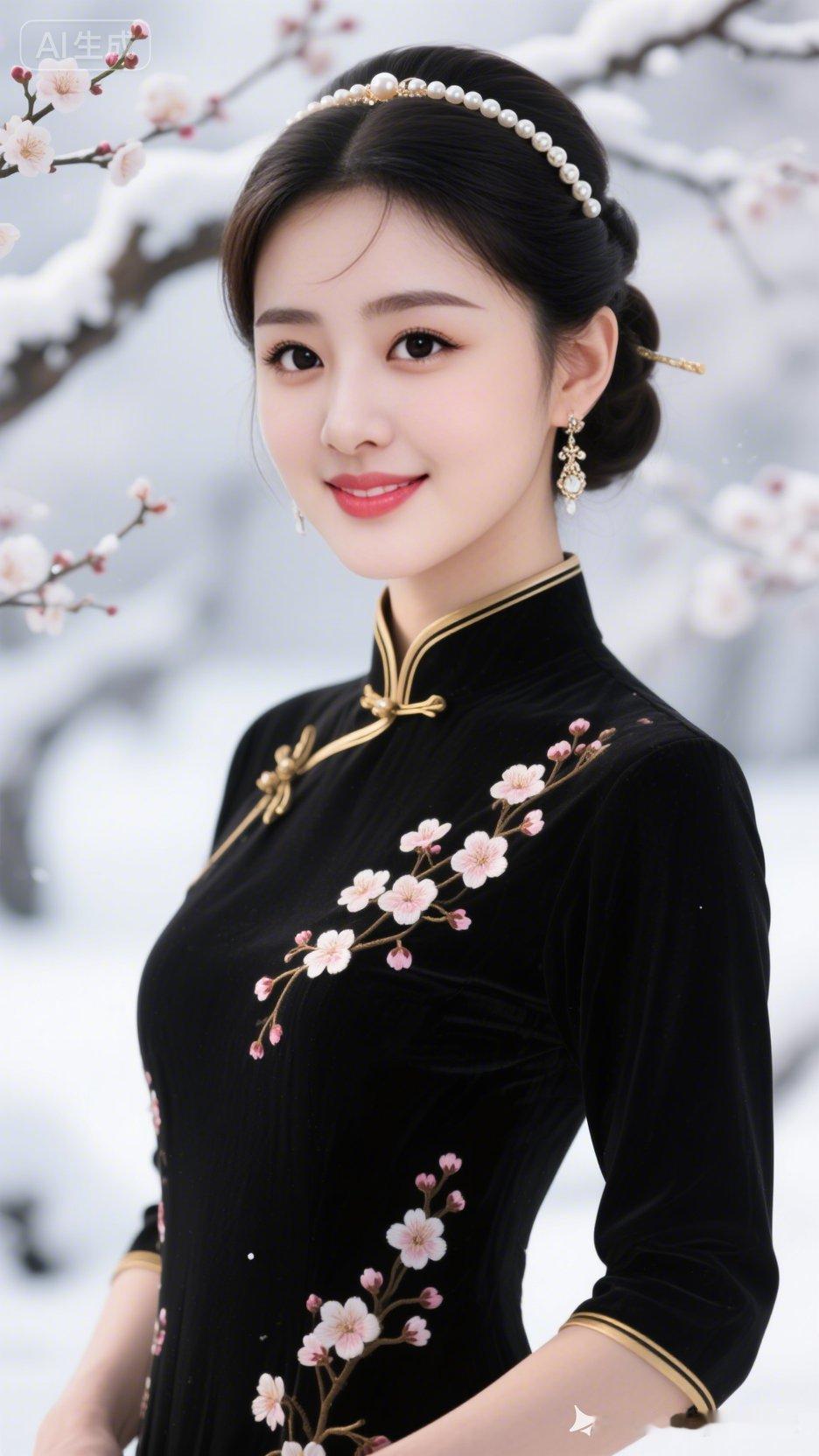 冬日雪景中的东方美人，黑纱旗袍与粉色花朵相映成趣，古典优雅。