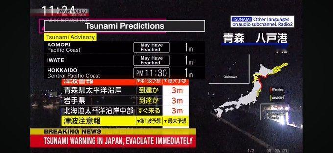 【日本解除所有海啸预警】地震发生后，日本气象厅对北海道太平洋沿岸中部、青森县太平