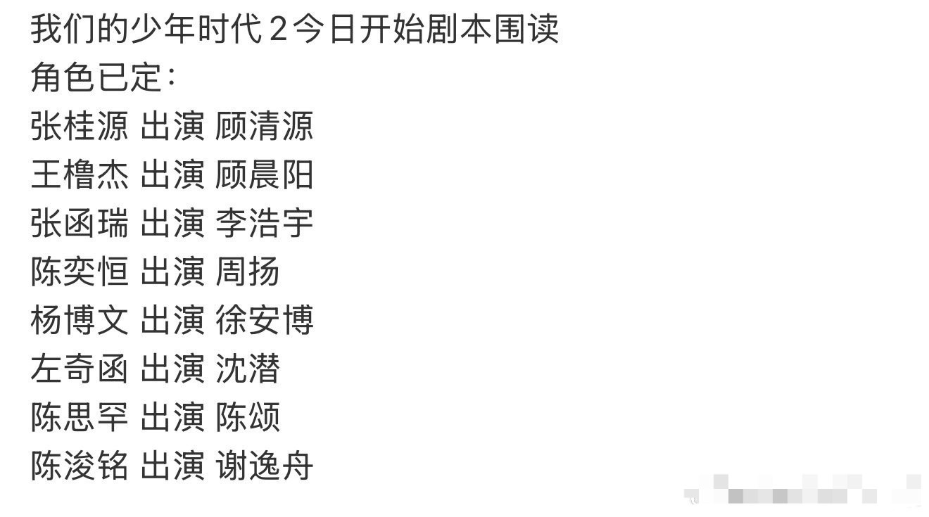 投《我们的少年时代2》今天剧本围读角色已定 