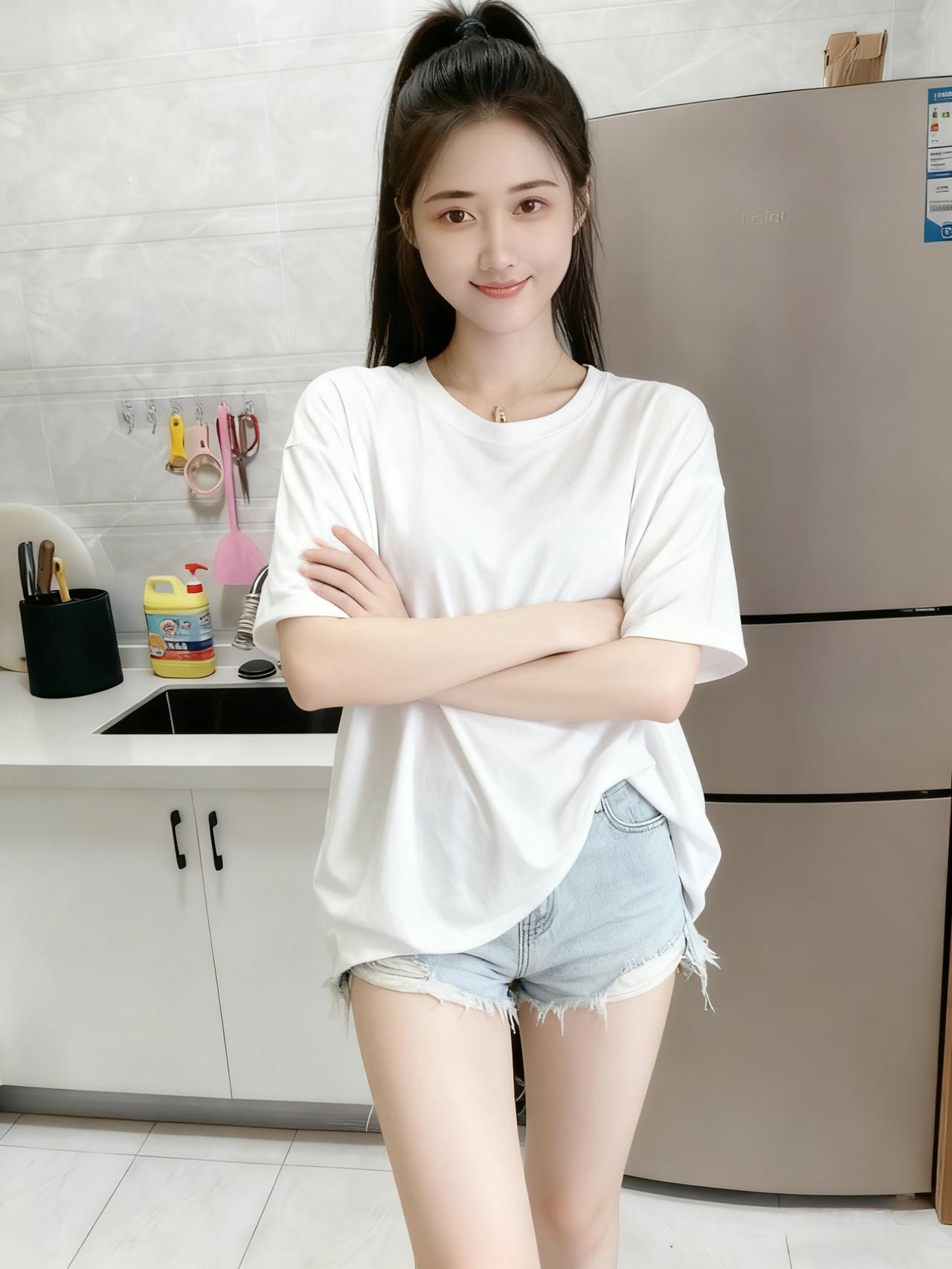 晨光铺素壁，清影立厨台。
玉臂环心抱，云鬟绾髻开。
瓶中凝露重，窗外晓风来。
笑