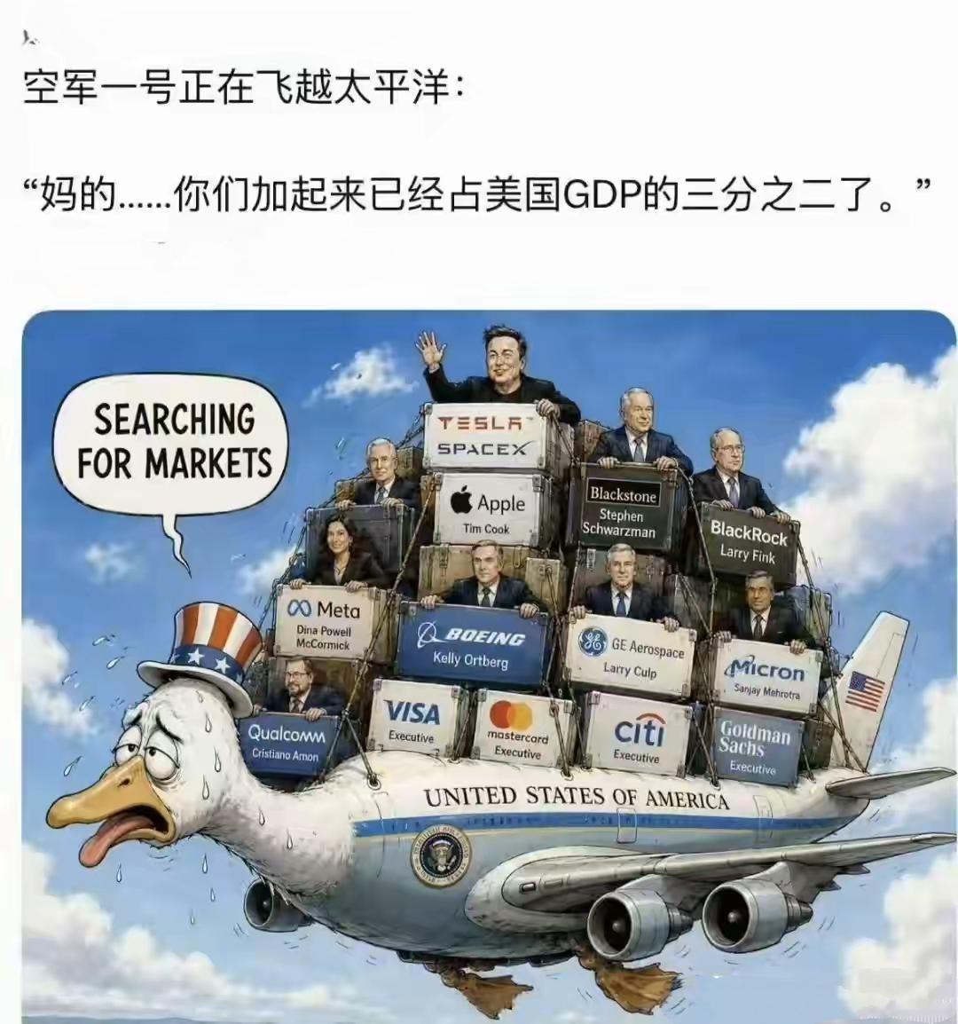 美国空军一号飞越太平洋，
 载着美国三分之二的财富来到中国！
今年我们应该大发财