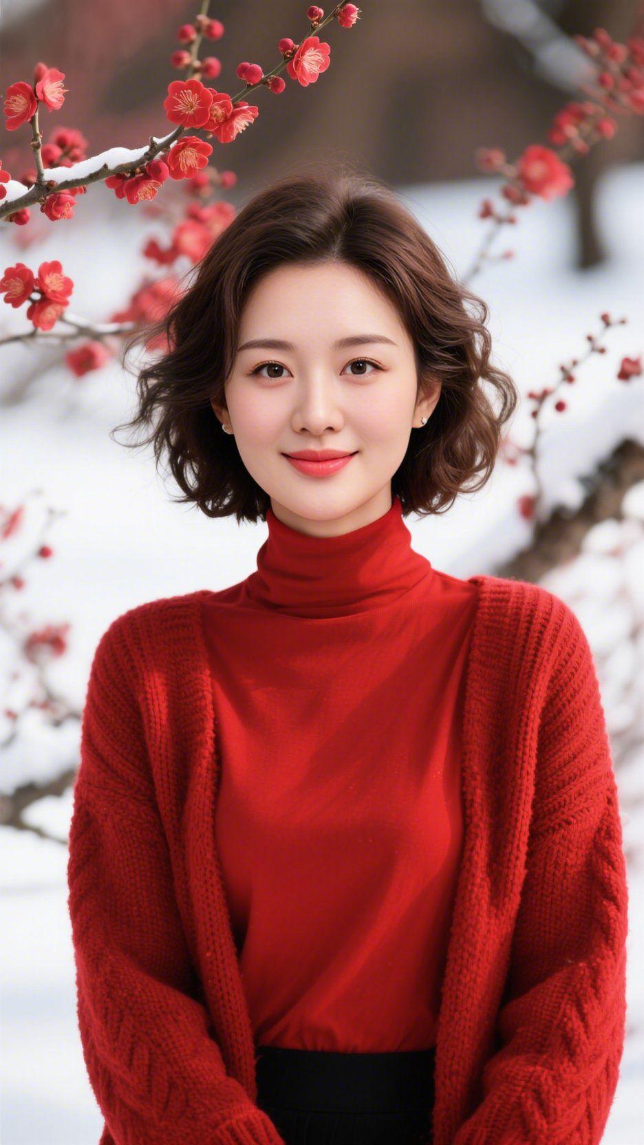 《雪梅间的红温》
 
雪色轻覆枝桠，梅瓣沾着冷光绽开时，她立在风里——一身红如暖