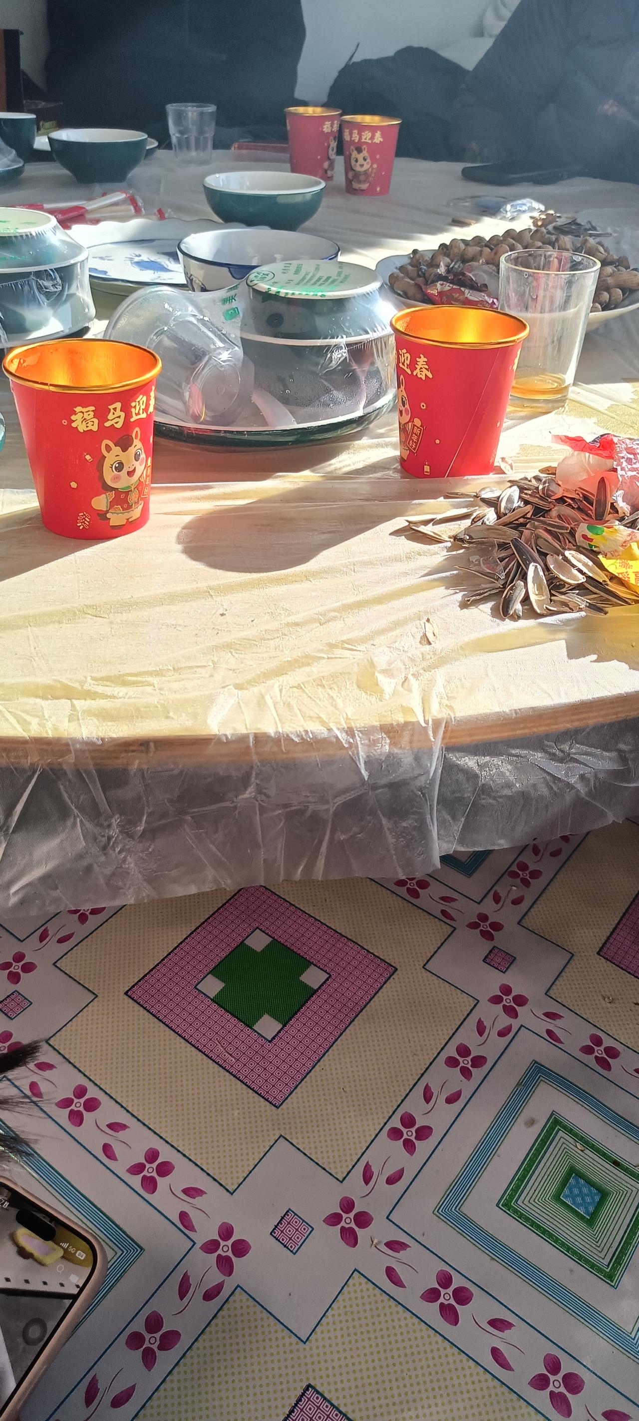 去参加表姐夫的六十六岁寿宴，刚回来到家。
好久没去农村吃席了，今天直接在炕上吃的