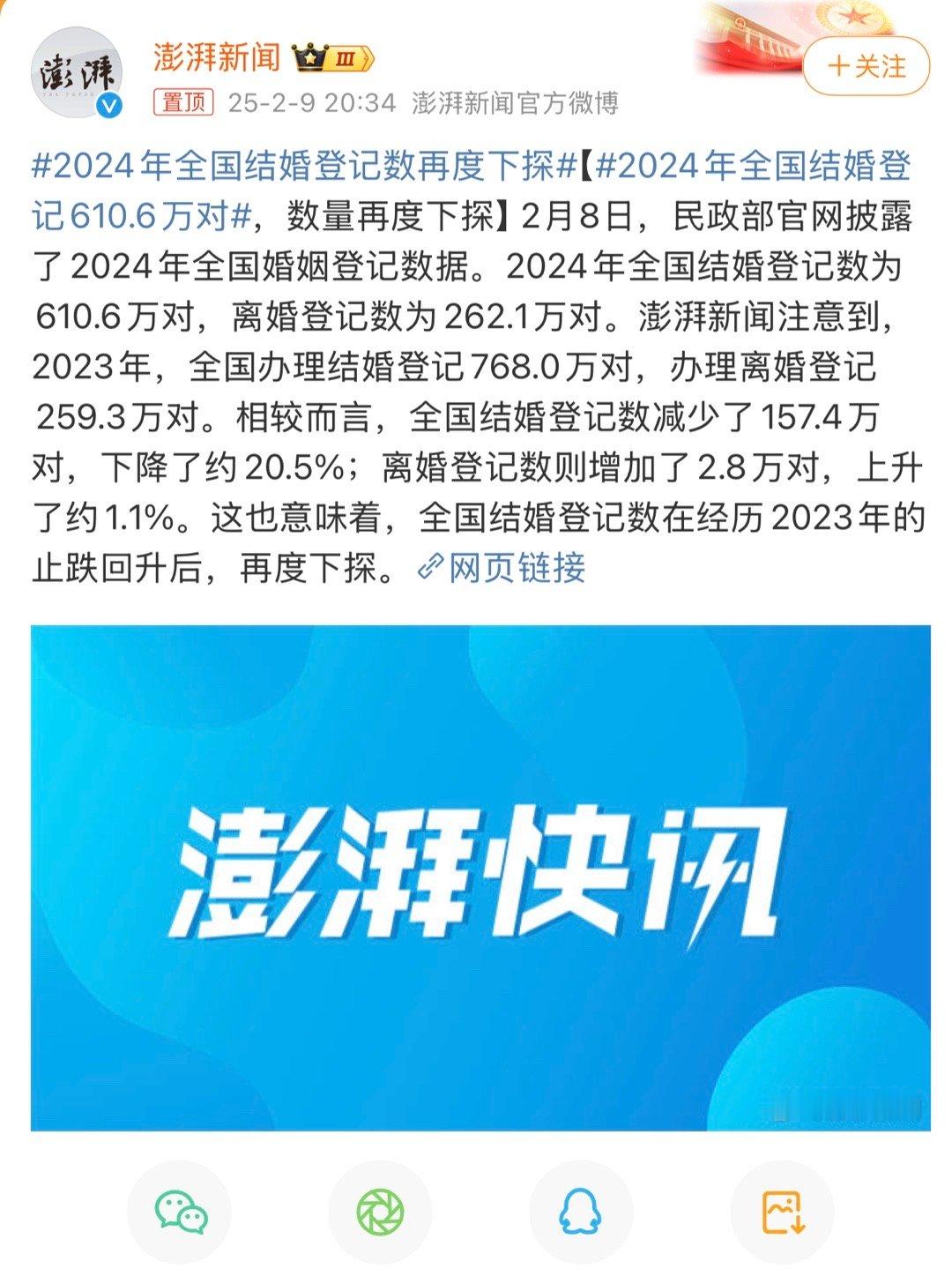 2024年全国结婚登记610.6万对 90后95后成为主力军之后，结婚的变少了，