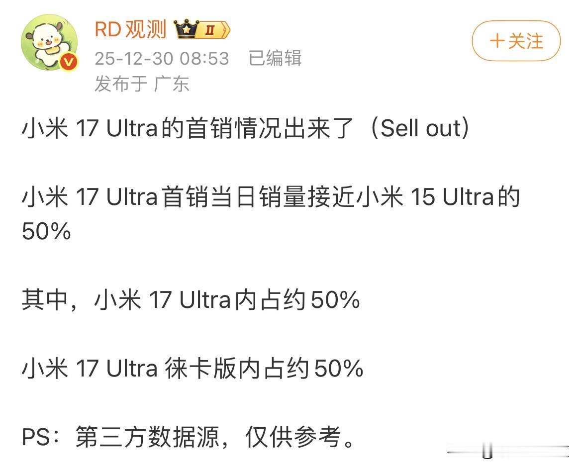 这小米17 ultra并没有网传卖的那么好啊~

不过也可能是因为徕卡版备货量