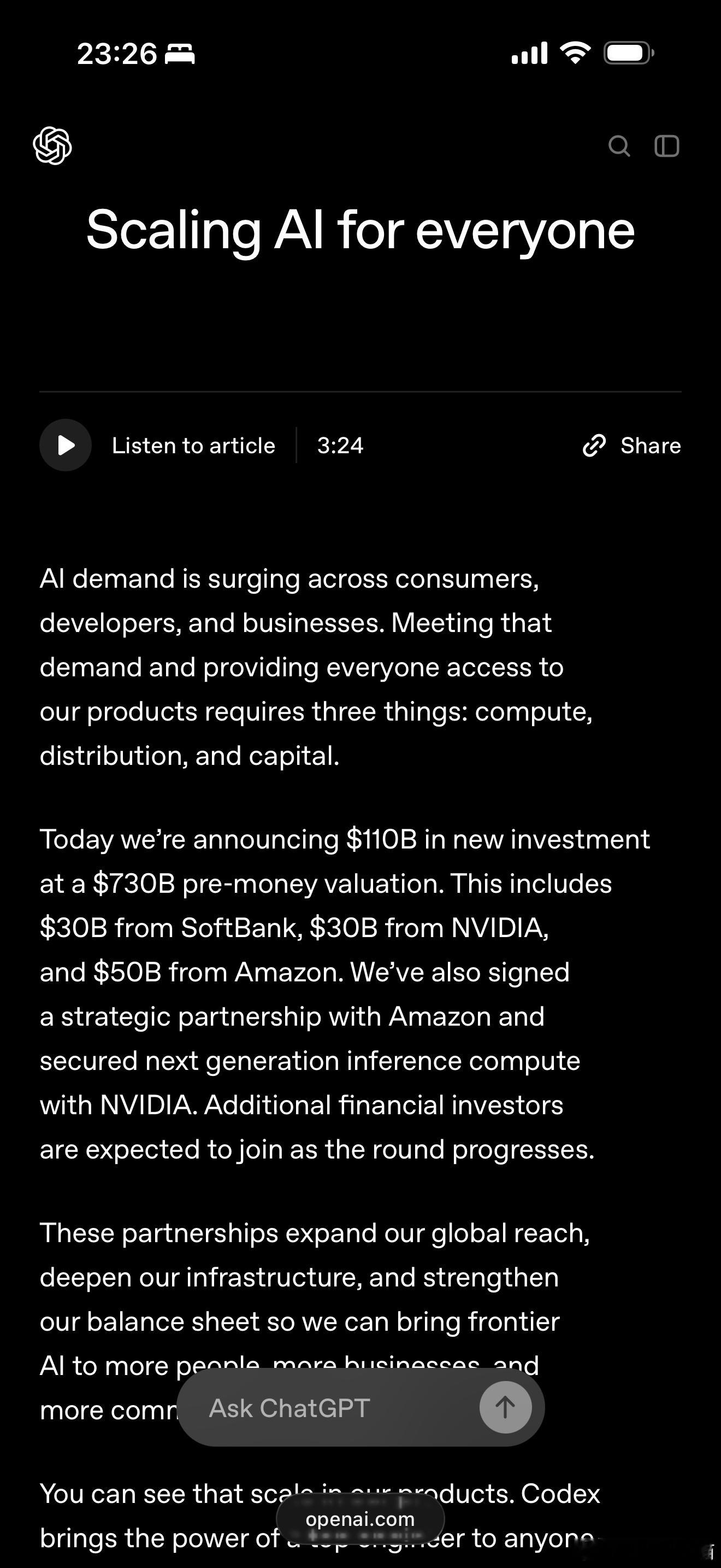 OpenAI宣布炸裂式融资：已完成新一轮1100亿美元融资，这一规模是其一年前上