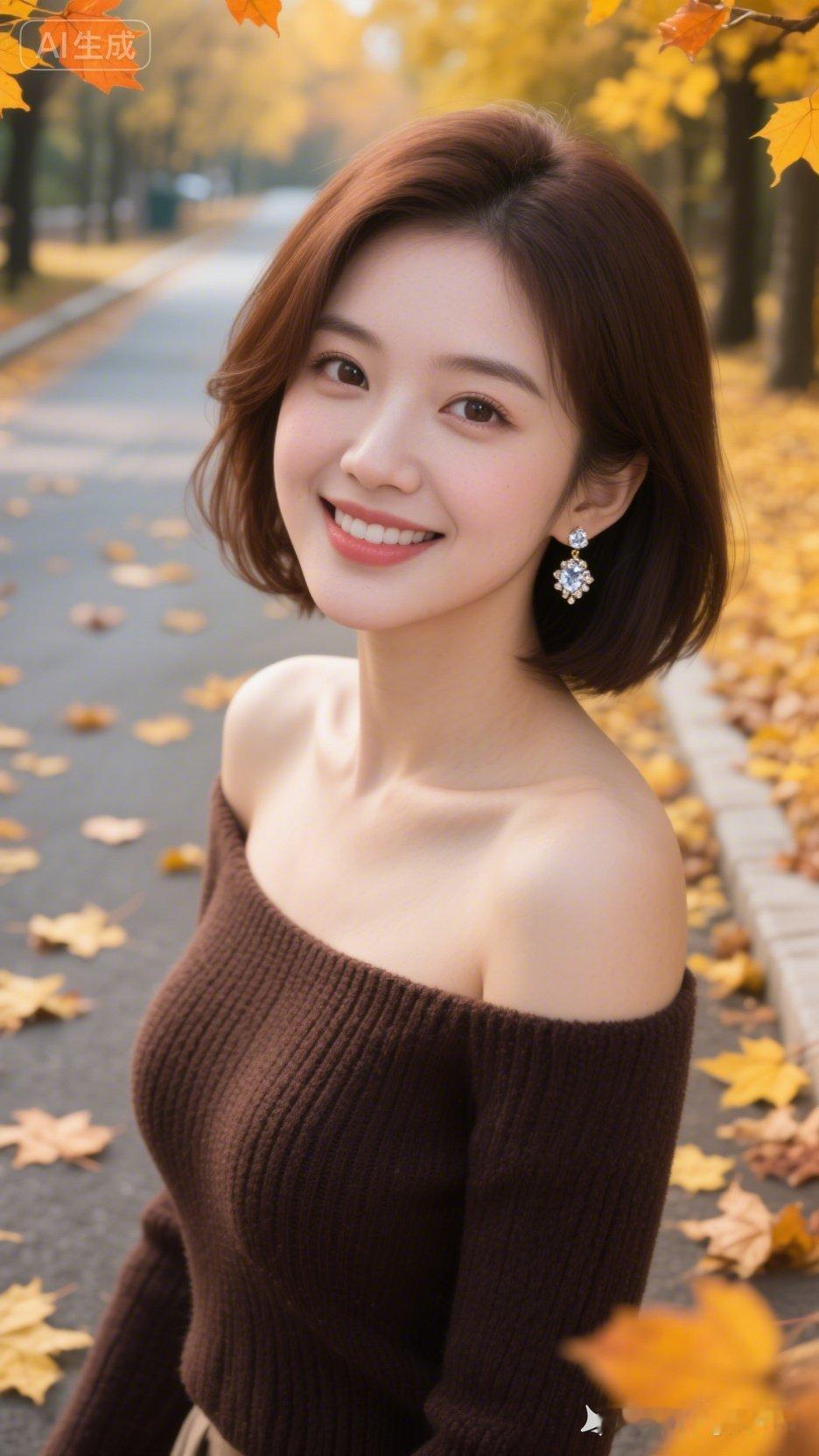 秋日暖阳下的甜美笑容，棕色毛衣与落叶相映成趣。