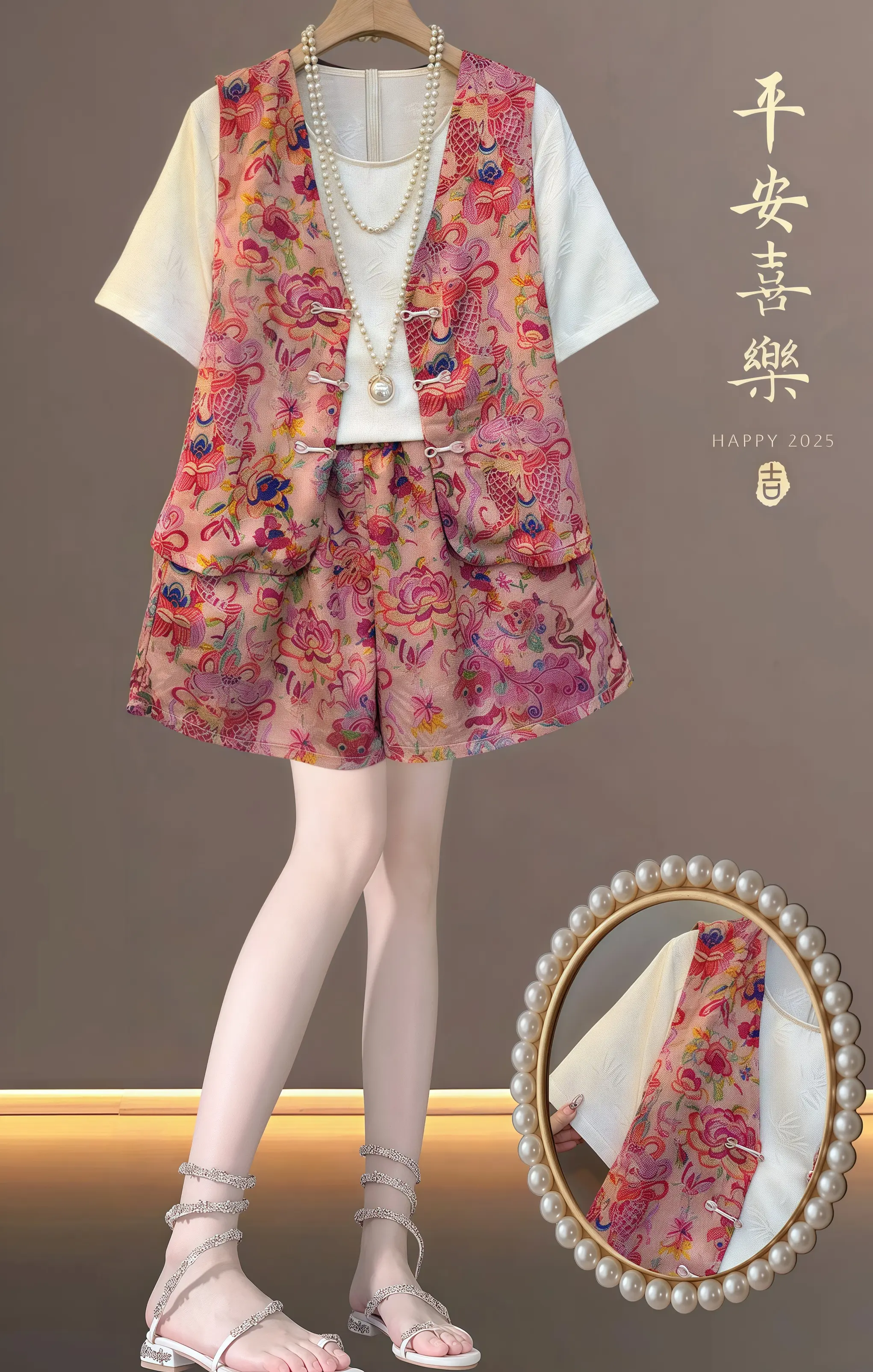 这款胖妹妹显瘦的新中式三件套太绝啦！复古印花透着温婉气质，盘扣设计藏着...