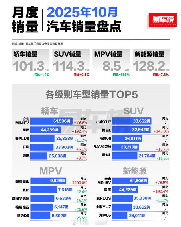 10月各级别车型销量只放前五名也挺好的，因为大家可能最后只记住了第一名或前三名吧