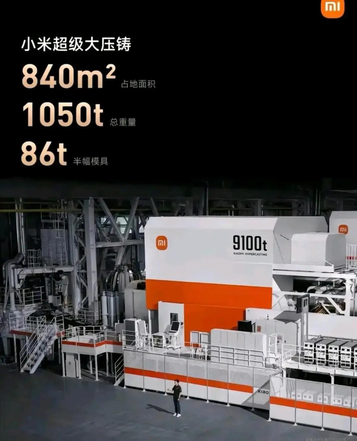 冷知识，小鹏有个12000吨的压铸机。 
 
小米这个号称全球最大的9100T最