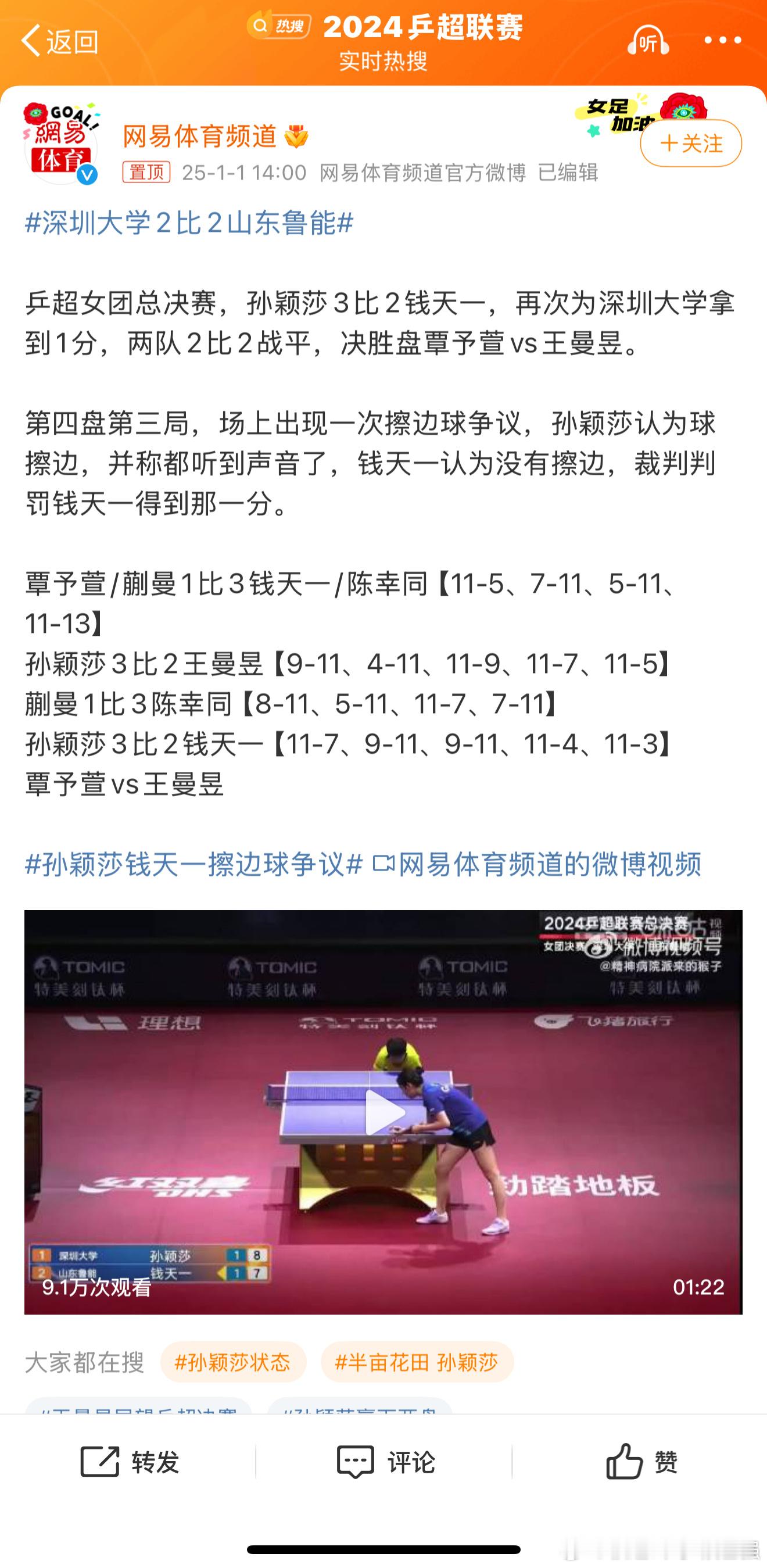 孙颖莎钱天一擦边球争议 交给裁判吧！ 