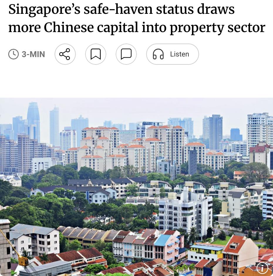 外媒：新加坡作为避风港的地位吸引更多中国资本进入其房地产市场。

据新加坡经济发
