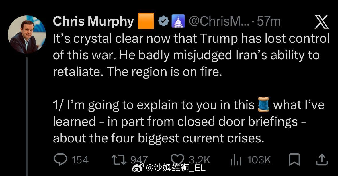 美国蓝党参议员克里斯·墨菲今天再次发长贴表示，根据参议院闭门简报会以及公开信息，