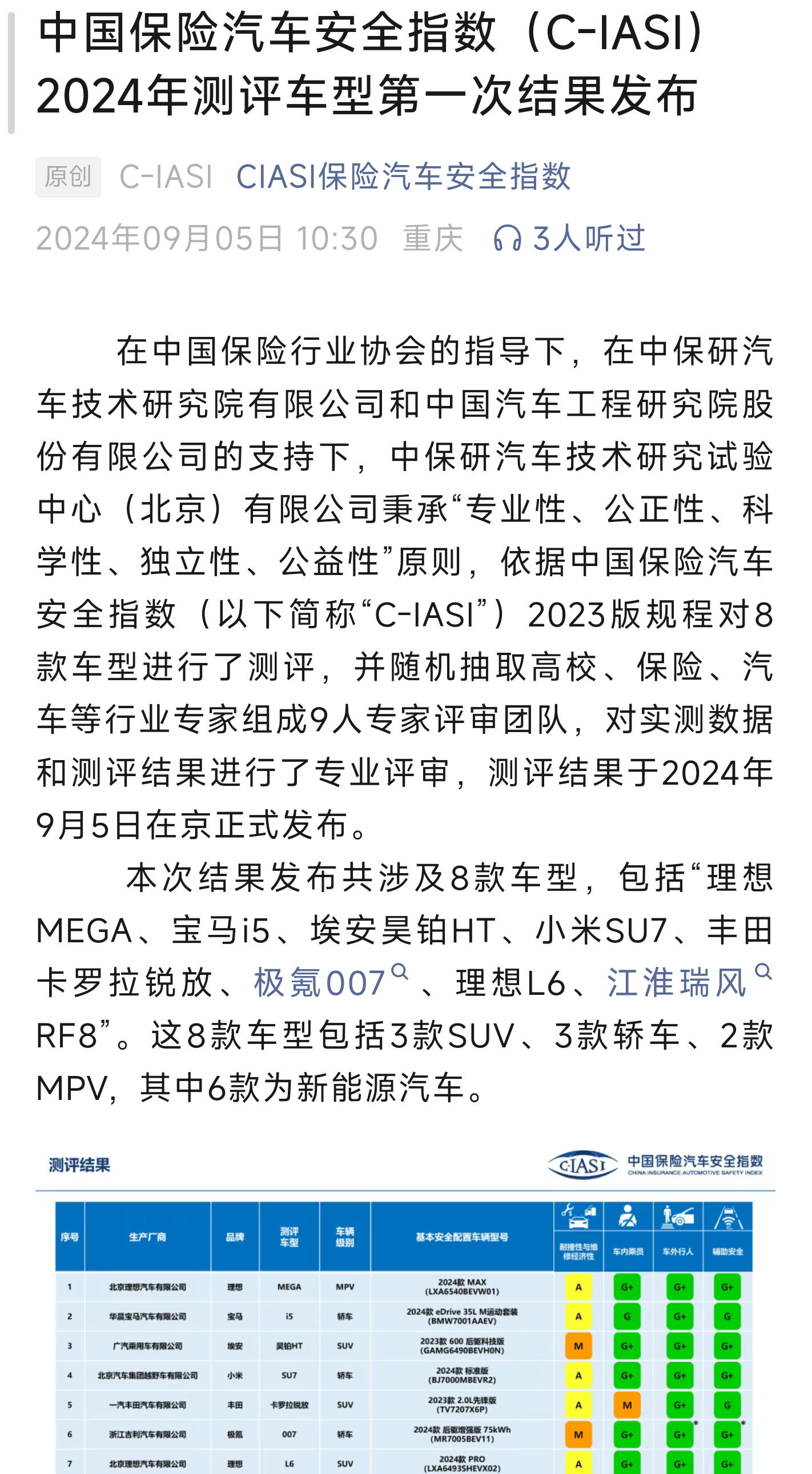 #小米SU7权威碰撞测试揭晓# 中国保险汽车安全指数（C-IASI）2024年测