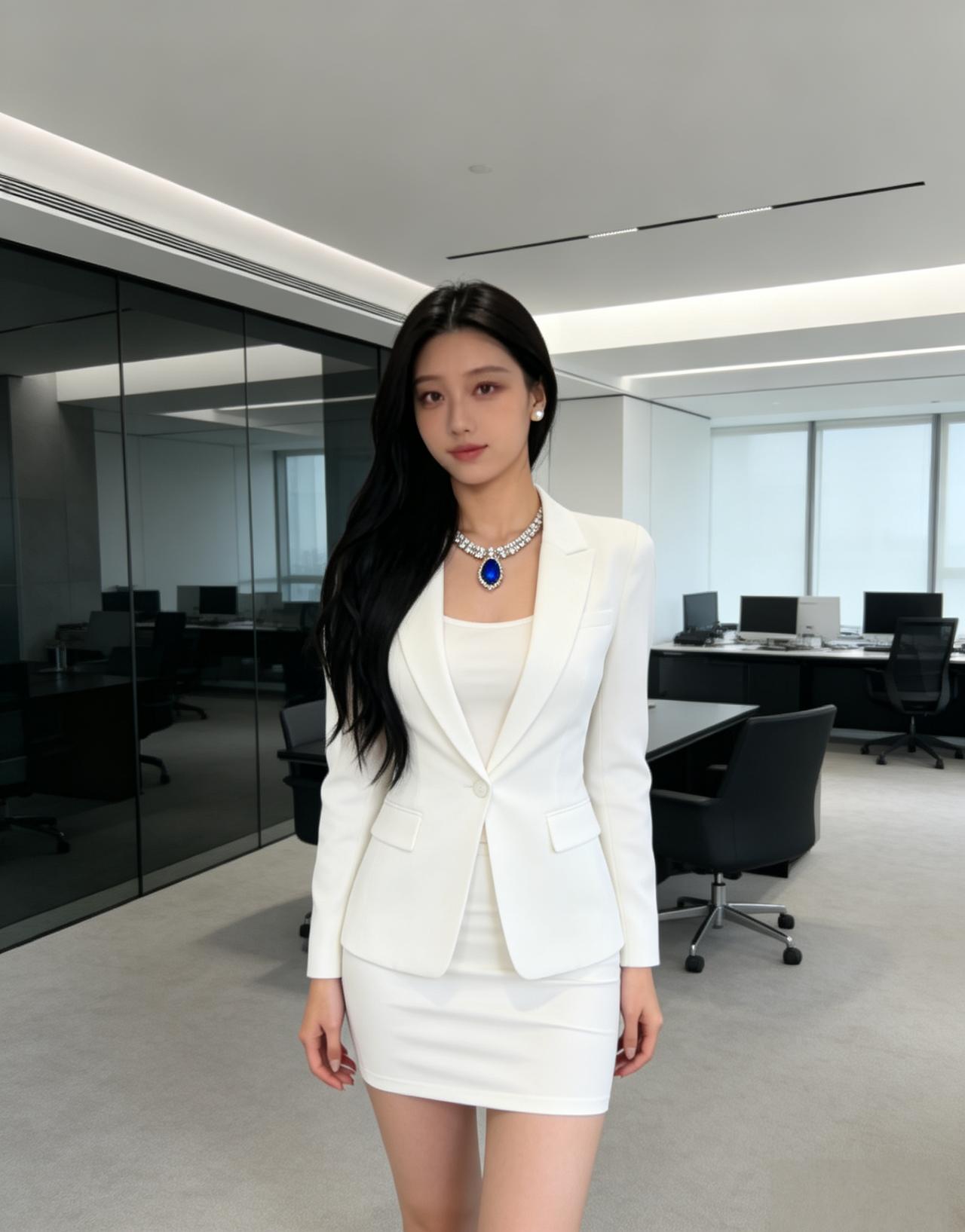 白色西装外套，内搭同色系简约内搭，
整体造型优雅大气，尽显专业与精致感。