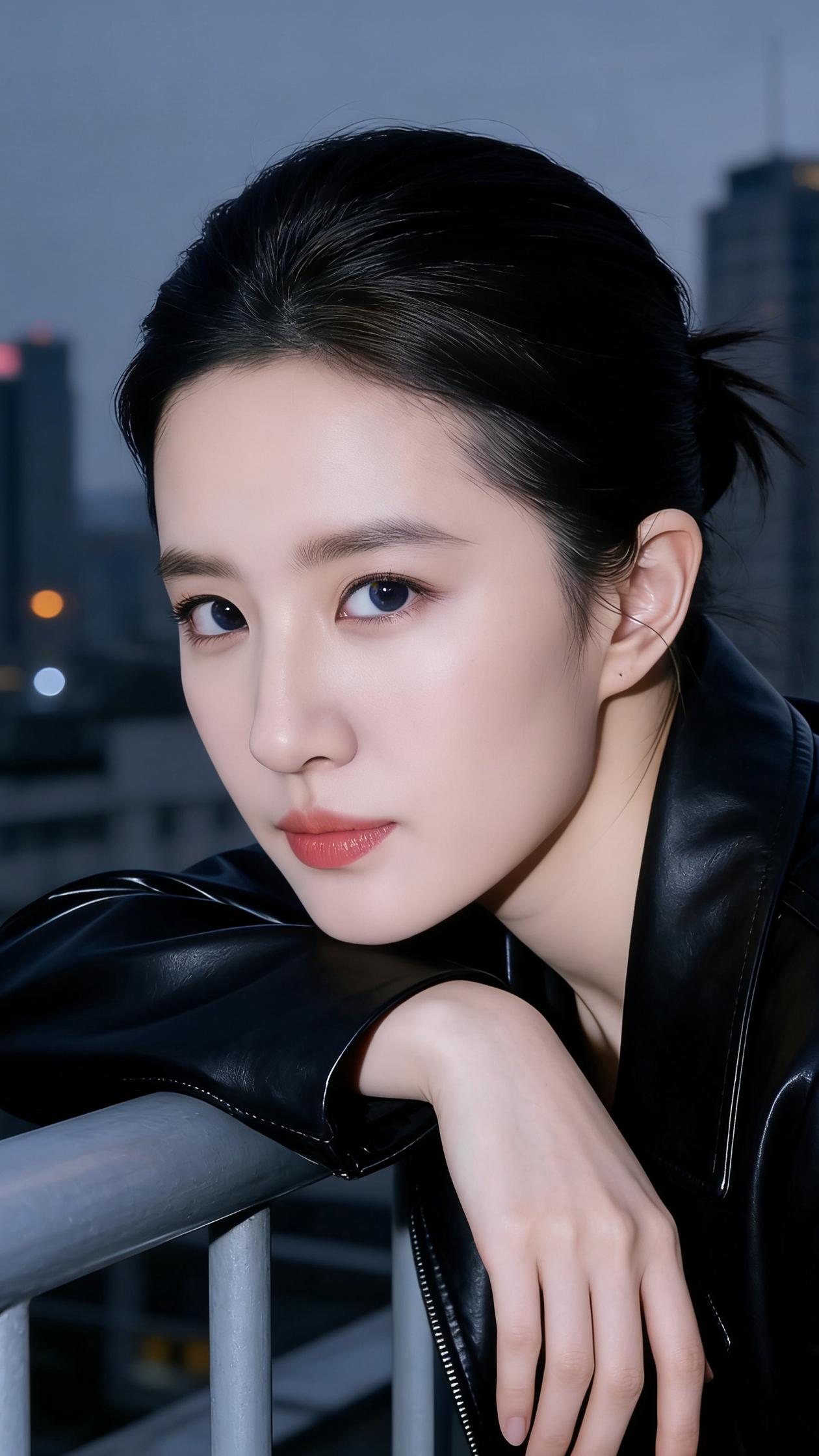 都市夜景下的酷炫少女，黑皮夹克尽显时尚魅力！🌃✨请你用一句话来形容刘亦菲 随手