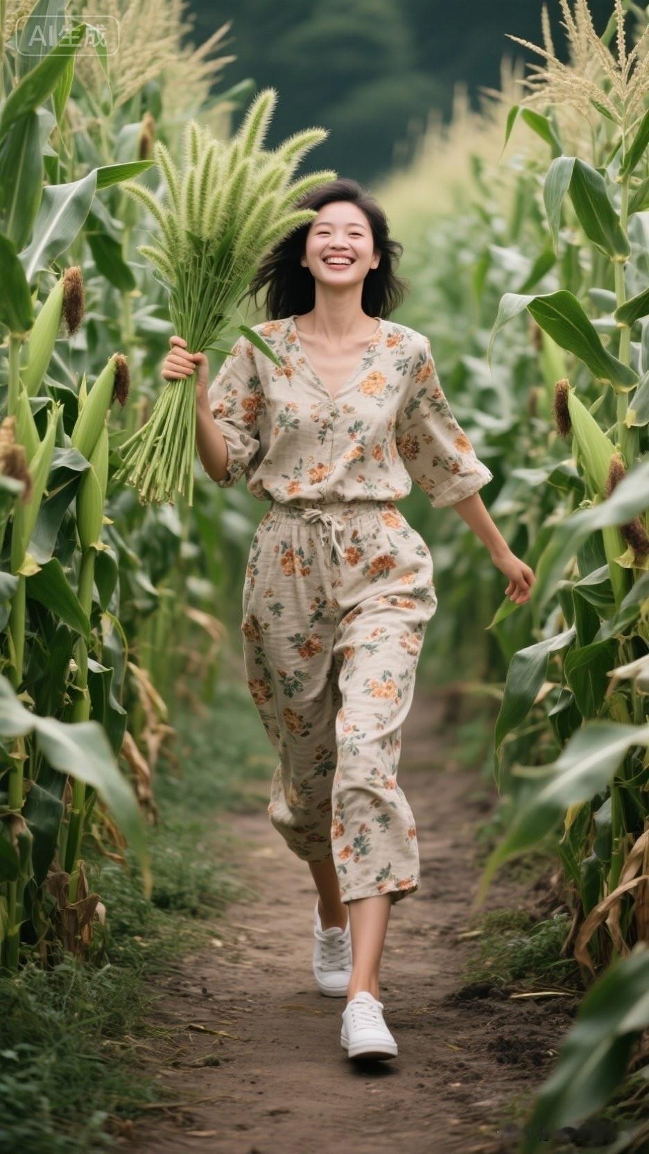 女孩在玉米地中开心奔跑。