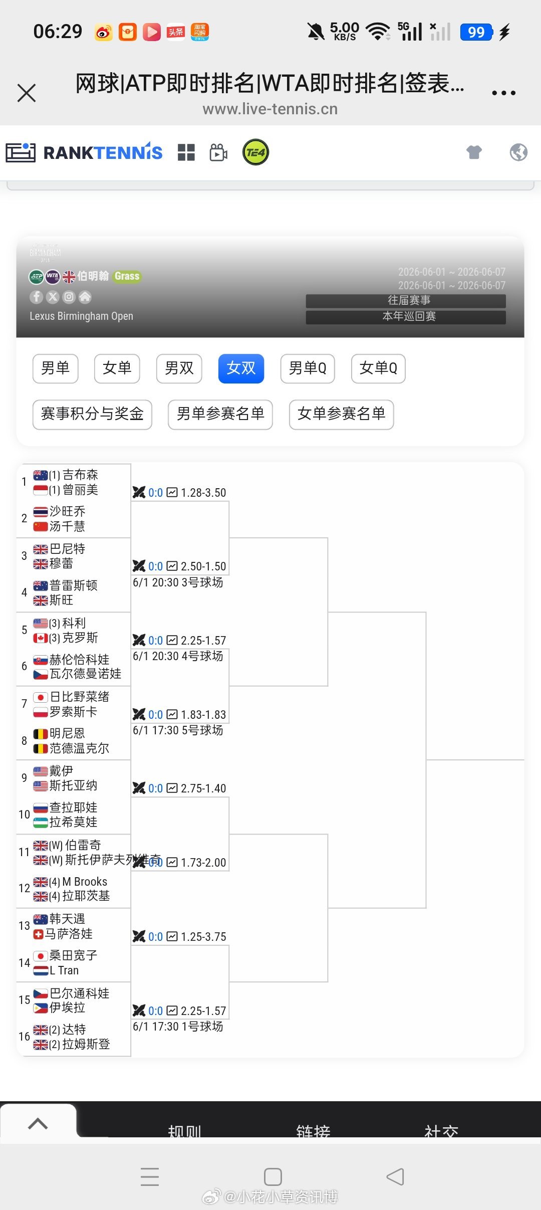 小花小草资讯 【 伯明翰WTA125】女双正赛签表🇨🇳汤千慧/🇹🇭vs?