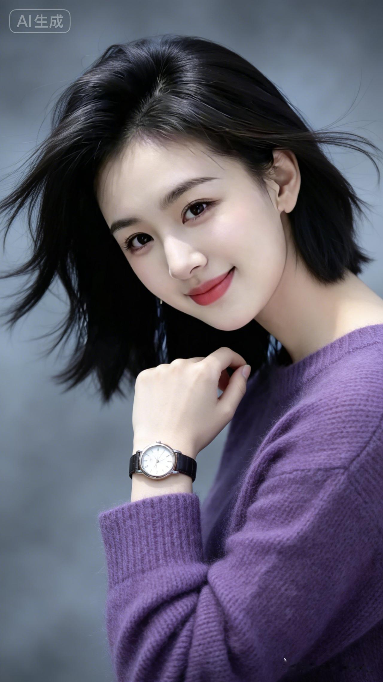 冷艳短发美人肤白睫长，浅淡浅笑自带贵气，身着紫罗兰毛衣轻抚腕表，无耳饰项链，灰调