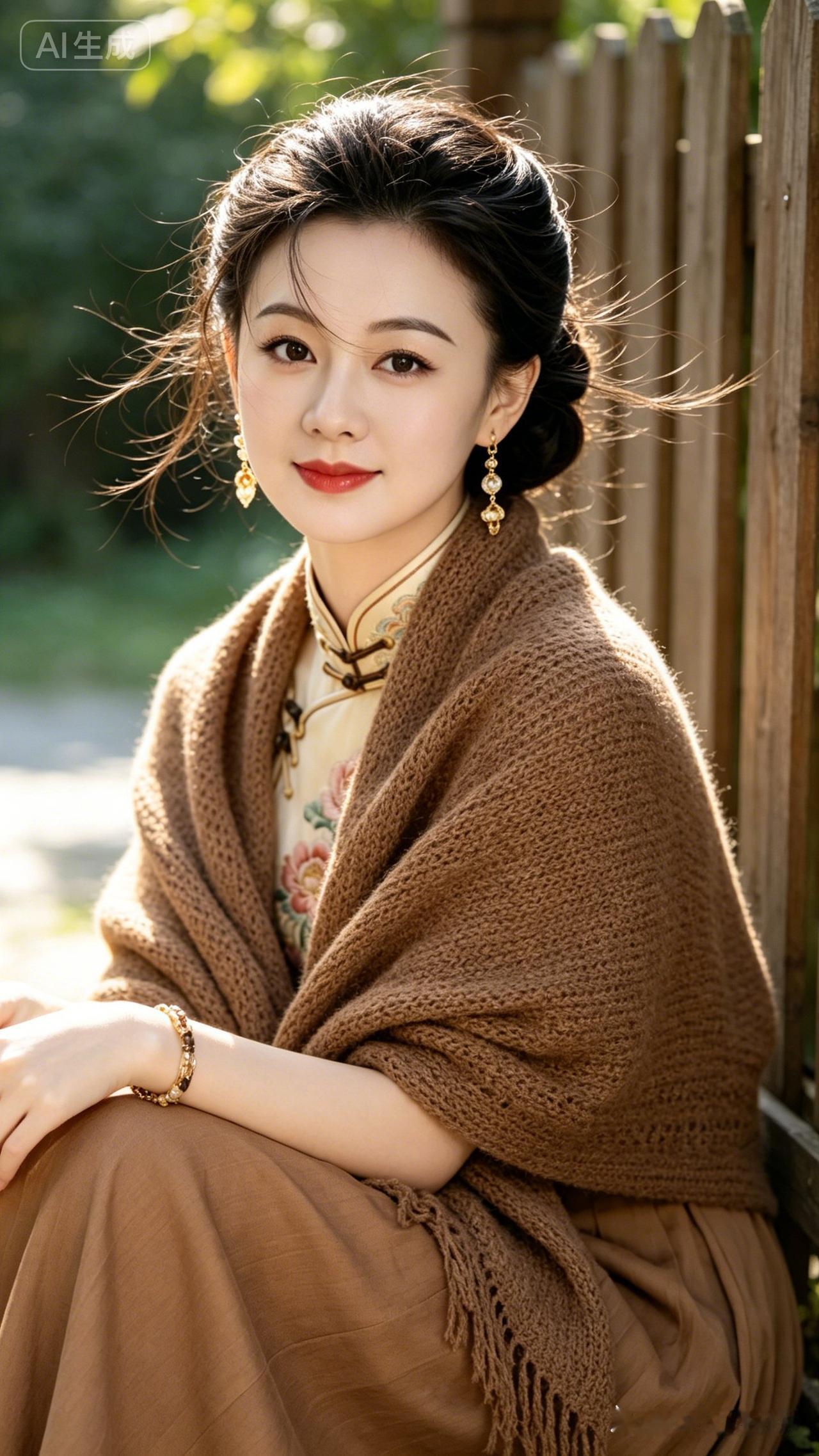 盘发女子茶棕长裙搭咖色披肩倚木栏，侧光微风拂动碎发，莫兰迪绿意虚化背景，冷白皮幼