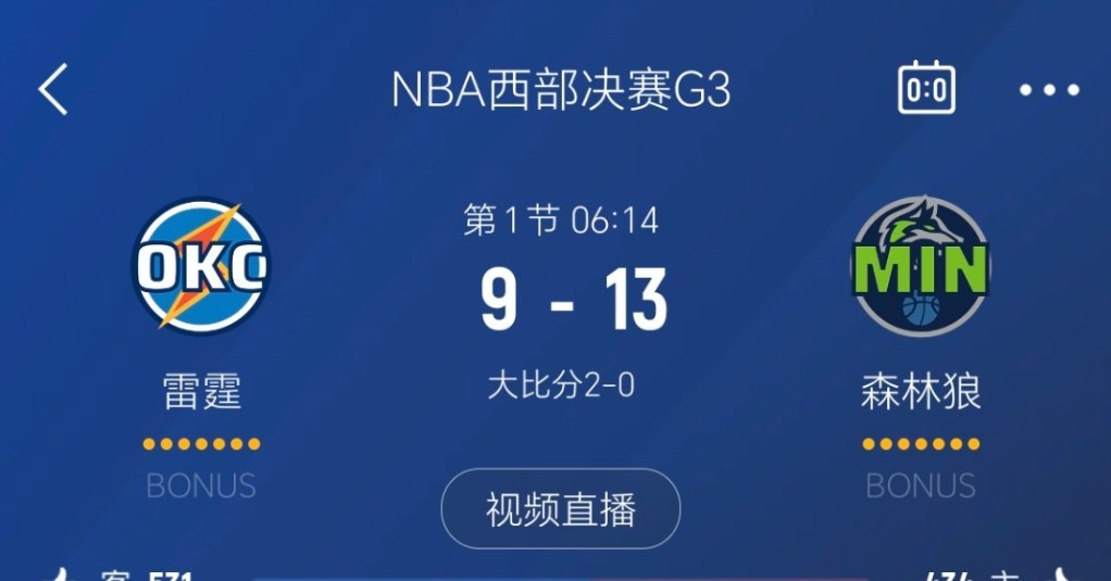 进入暂停，森林狼领先4分！森林狼vs雷霆 ​​​