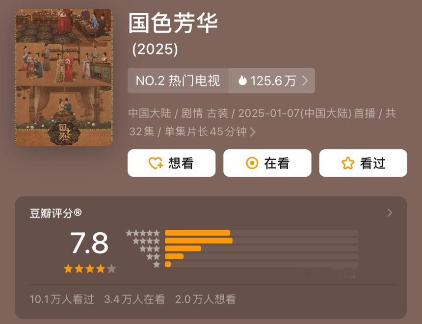 国色芳华豆瓣开了7.8分 